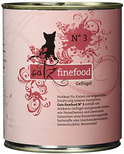 catz finefood N° 3, fjäderfä, finmat, kattmat, vått, raffinerat med tranbär och maskros, 6 x 800 g burkar