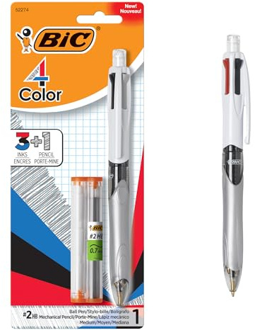 BIC 4-Color 3+1 Retractable Ballpoint Pen with Red, Blue, Black Ink and 0.7 mm Mechanical Pencil, 1-Count in Assorted Ink