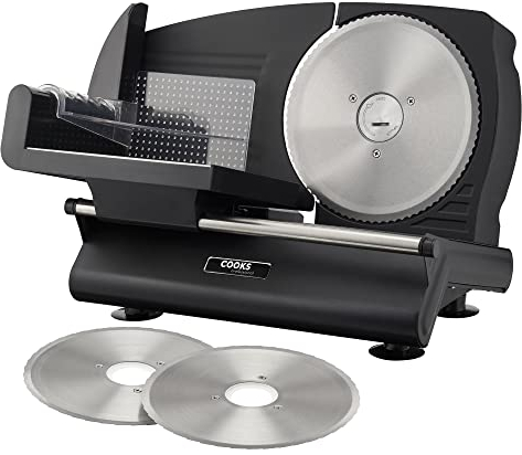 Cooks Professional Electric Food Slicer | Home Use Deli Slicing Machine for Bread, Meat, Cheese, Veg | Interchangeable Blades, Adjustable Thickness, Plastic Pusher Blade Guard, Non-Slip Feet |