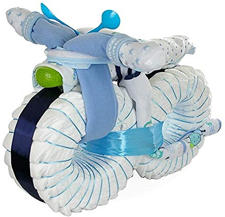XXL Windelmotorrad #1 - blau | Geschenk zur Geburt, Babyparty & Baby Shower | Große Windeltorte Motorrad mit Babybodys, Lätzchen, Söckchen, Mullwindel und Pflegeprodukten