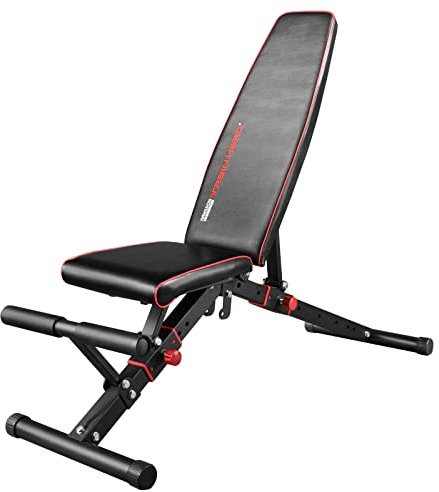 TrainHard Deluxe Hantelbank mit Beinhalterung, Sitz- u. Rücklehne verstellbar durch sicheres Gleitschienen-System, zusammen klappbar u. platzsparend, geprüfte und zertifizierte Sicherheit nach EN957