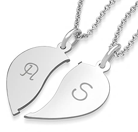 Amoonìc Freundschaftsketten Partnerketten Silber 925 Gravur Buchstaben Initialen Herzkette für Paare Freundinnen Zwei Hälften teilbar zweiteilig doppelt zum Teilen FF76-5 SS92545