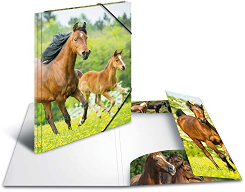 HERMA Sammelmappe A4 Pferde, Kinder Eckspanner-Mappe aus Kunststoff mit Tier Motiv, Gummizug, Innenklappen und Innendruck für Jungen und Mädchen