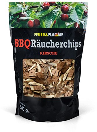 Feuer & Flamme BBQ Räucherchips Kirsche für tolles Raucharoma beim Grillen - 100% natürliches Smoker Holz | Ergiebige und sparsame Wood Smoke Chips für Stand- und Kugel-Grill sowie Smoker | 500g