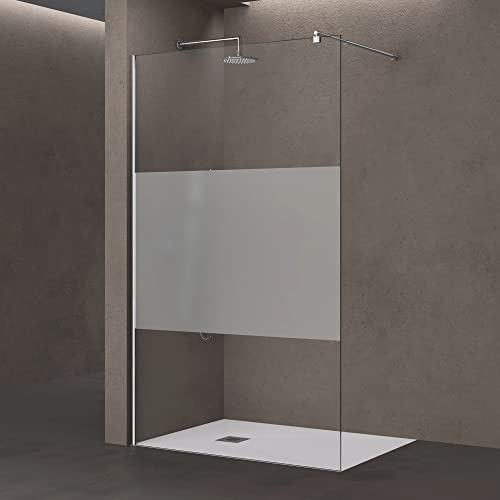 doporro Paroi de Douche à L'italienne 90cm avec Bande Opaque Pare-Douche Bremen2MS 90x200 Verre de Sécurité 10mm Stabilisateur Rond