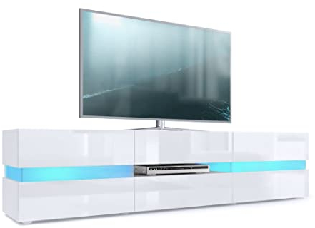 Vladon Lowboard Flow, Made in Germany, TV-Kommode mit Ambient Light Verglasung mit 2 Türen, 1 Schublade und 1 Klappe, Weiß matt/Weiß Hochglanz, inkl. LED-Beleuchtung (177 x 45 x 39 cm)