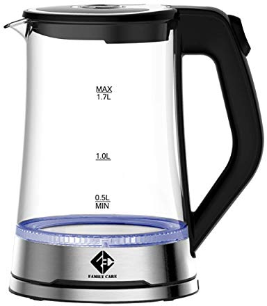Family Care Hervidor de Agua Eléctrico, Calentador de Agua Eléctrico, Acero inoxidable + Vidrio, Capacidad 1,7L, Potencia 2200 W