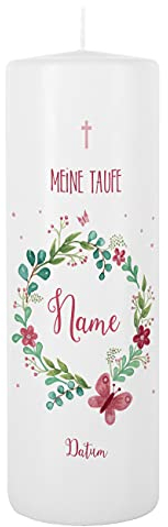 Striefchen® Taufkerze für Mädchen mit Blumenkranz und Schmetterling bedruckt mit Namen u. Taufdatum sowie eigenen Taufspruch 8 x 25 cm