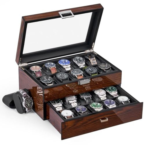 BEWISHOME Watch Box, 20-Slot Watch Case with Large Glass Lid, Wooden watch cases for men, Watch Storage, Watch Organizer, Synthetic Leather Interior, Brown ESSH04Y