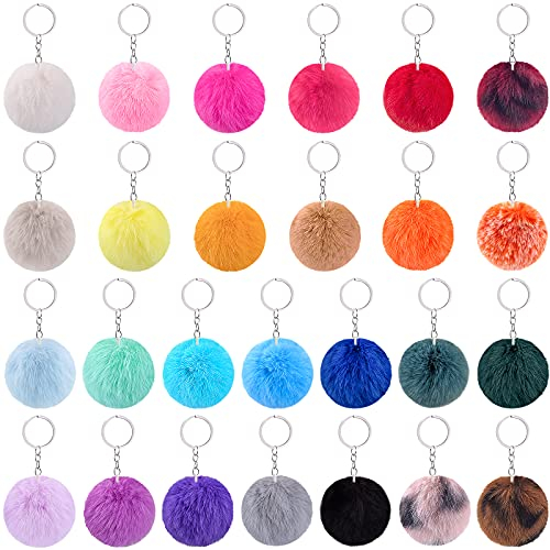 BQTQ 26-Piece Fluffy Pom Pom Keychain Set - Faux Rabbit Fur Pom Pom Balls in 26 Bright Colours for Women & Girls Bag Accessories