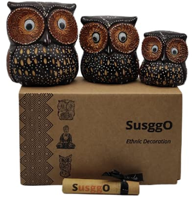 SusggO 3 stycken dekorativa ugglor, träfigurer, lyckougglor, handsnidade, hantverksidé, möbeldekoration (brun prickar, mod 5)