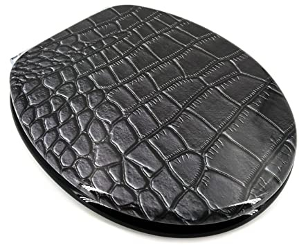 ADOB, Holzkern WC Sitz Klobrille Schuppen Farbe Schwarz, Absenkautomatik, 32607