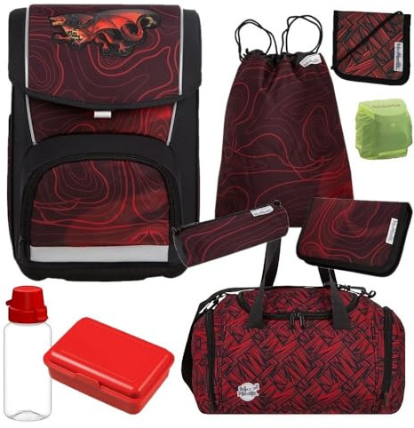 Familando - McNeill Basic Schulranzen Set - 9-teilig mit Sporttasche - Drachen - Ergonomisch & Verstellbarer Brustgurt - 960g leicht mit 21L Volumen & Reflektoren - Für Grundschule ab 1. Klasse
