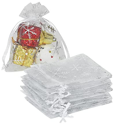 YQL 100Pcs Christmas Organza Bags, 8X10cm White Organza Bags Small Snowflake Drawstring Gift Bags, Little Mesh Favour Bags for Jewelry Candy Makeup Bracelet Packing, Christmas Drawstring Giftbags