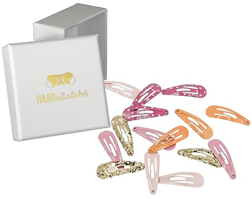 Haarallerliebst Haarspangen klein für Kinder – 15 Stück in bunt pink rosa mit Gold Glitzer (3 cm) inkl. Aufbewahrungsbox weiss – Ideal für dünnes, feines Haar