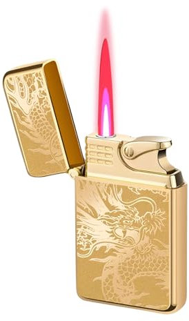 JETSPEC Jet Lighter with cool RED FLAME and Gold Dragon Pattern, Refillable Gas Torch Butane Lighter, Windproof Lighter with Adjustable Jet Flame for BBQ, Candle, Men Gifts (Butane not included)