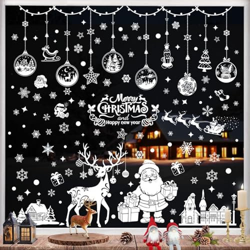 Nepfaivy Stickers Autocollant Noel Fenetre - 202 Pcs Blanc Stickers Noel Vitre Réutilisable, Noël Autocollant pour Fenetre Père Noël Flocons, Decoration Interieur Maison Vitrine Verre
