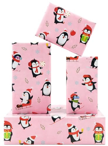 Julomslagspapper, rosa julpingvin presentpapper, 4 vikta ark 50 x 70 cm pingvin julpapper för nyår jul vinter semester