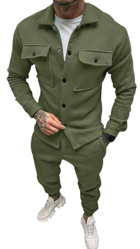 Oanviso Homme 2 Pièces Survêtement Veste Blousons avec Bouton Combinaison de Sport Ensemble Survet Pull à Manches Longues Pantalon Sportswear Vêtements pour Automne A Armée Verte L