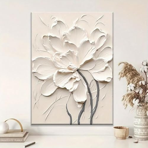 XBTYKPB Arte murale floreale bianca, stampa su tela con fiori in rilievo, poster floreali color crema, decorazione murale per bagno, stampe artistiche con cornice da 50x70 cm