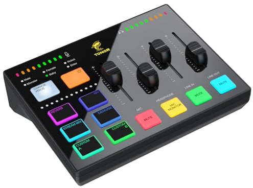 TONOR Gaming Audio Interface, Audio Mixer für Streaming, Podcasting, Studio Aufnahmen, 6,35mm und XLR-Kanal, Soundkarte mit RGB-Lichteffekten, für Gaming-Streamer, Content Creators TX310