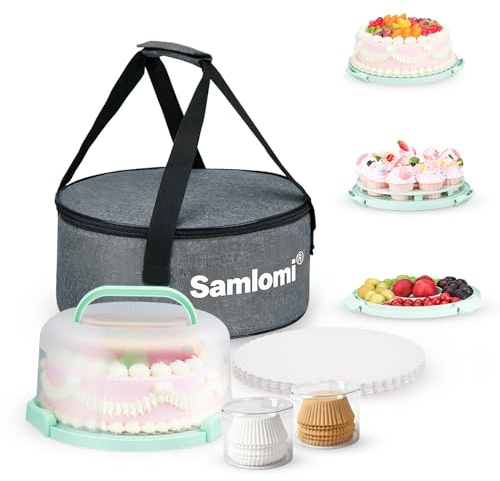 Cake Carrier with Lid and Handle, Bpa-Free Cake Holder with Lid for 10 Inch Round Cake Carrier with 10 pcs Round Golden Cake Boards and Portable Insulated Bag & Two Boxes of Cupcake Paper Liners