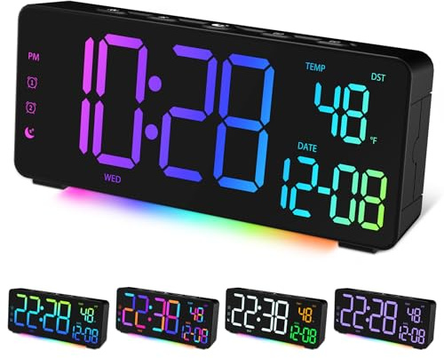Sveglia Digitale RGB Orologio Digitale Sveglia da Comodino con Temperatura Ampio Display Caricatore Porta USB, 12/24H, Snooze, Illuminazione Ambientale RGB, Doppia Sveglia Data Rra Legale/Solare, Nero