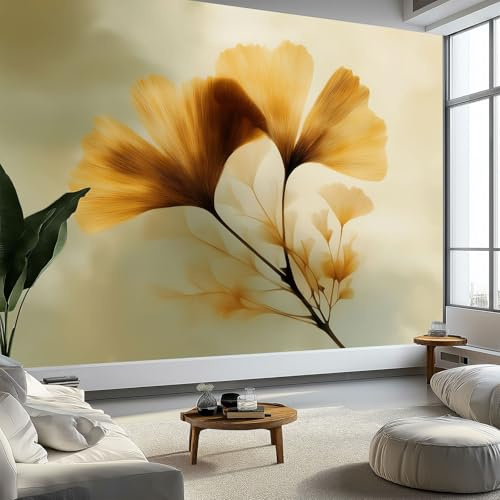 Murales de pared dibujo elefante hoja ginkgo planta papel tapiz, estilo natural murales de pared decorativos para sala de estar y dormitorio (220gsm tela no tejida premium, 300 x 210 cm (W x H))
