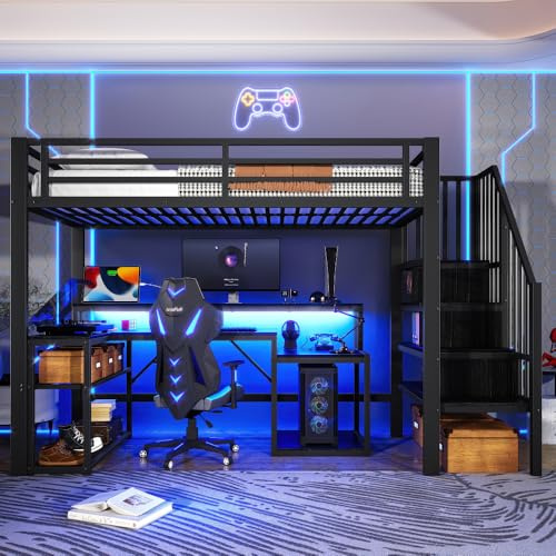Sapgaks Lit Mezzanine 1 Place Enfant 90 x 200 cm avec éclairage LED et Port USB,lit Mezzanine avec Bureau lit superposé Enfant,lit Mezzanine escalier escalier avec Espace de Rangement,Noir