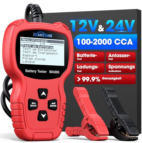 ICARZONE MA500 Car Battery Tester, 12V/24V 100-2000CCA Voltage Tester, Battery Test Tool with Battery Test/Cranking Test/Charging Test for Car Truck Motorcycle Boat RV ATV Yacht