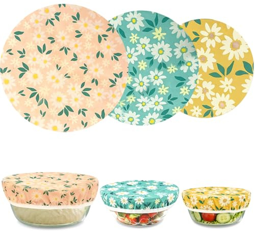 Lot de 3 couvercles pour aliments, panier de fermentation en tissu, réutilisables, élastiques, en cire d'abeille, pour couvrir tous les récipients ronds de 15 à 25 cm et fermentation du pain