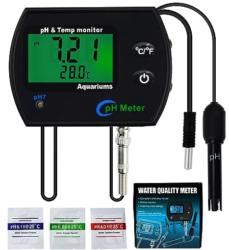 2-in-1 PH Temperature Continuous Monitor Meter tester ATC Backlight Replaceable Electrode buffer calibration set Dual Display 0.00~14.00pH °C/ °F Water Quality Kit for Aquariums Hydroponics Pools Spa