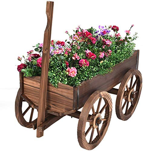 COSTWAY Carretilla Jardín de Madera de Flores, Carretilla de Madera para Jardín con Ruedas, Soporte de Planta, Maceta de Exterior Decorativa para Jardín Patio, Marrón (120 x 43 x 53,5 cm)