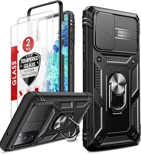 LeYi for Samsung Galaxy S20 FE Case with Slide Camera Cover and 2 Tempered Glass Screen Protector, S20FE Phone Case with Ring Holder Heavy Duty Shockproof Hard Armour Phone Cover for S 20 FE, Black