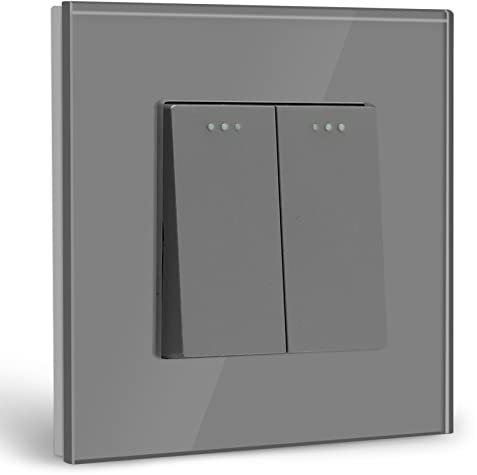 BSEED Interruttore a Pulsante 2 Gang 1 Via, Interruttore della Luce con Pannello di Vetro, Interruttori Luci da Parete Grigio