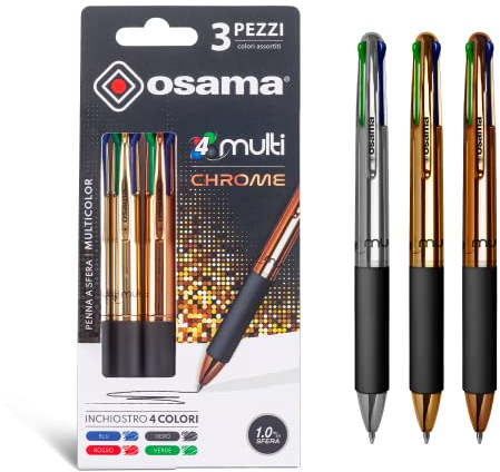Osama 4 Multi – Set Druckkugelschreiber 4 Farben 3 Stück 4-Farben-Kugelschreiber 0,1 mm mit schwarzer, blauer, roter und grüner Tinte Ideal für Schreib- und Schulbedarf, Universität, Büro, Verchromter