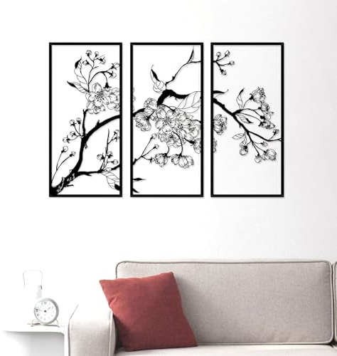 ruelen 3 Stück Metall Blume Wanddekoration, Abstrakte Blumen Ästhetische Kunst, Floral Rustikale Natur Linie Art Modern Home Hanging für Schlafzimmer Wohnzimmer Küche Korridor Bad Büro (Schwarz)