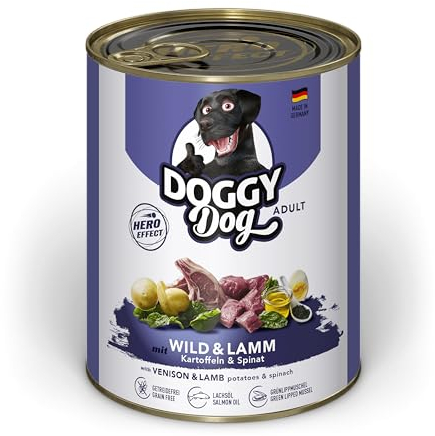 DOGGY Dog Paté Wild & Lamm, 6 x 800 g, Nassfutter für Hunde, getreidefreies Hundefutter mit Lachsöl und Grünlippmuschel, Alleinfuttermittel mit Spinat und Kartoffeln, Made in Germany