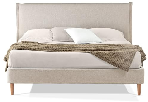 EVERGREENWEB Letto Matrimoniale Francese in doghe in legno con Testata e rivestimento in tessuto Beige | facile da montare |Adatto per materasso cm 140x200 | Letto di Design |Mod. Parigi