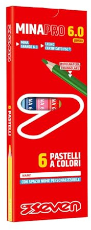 Seven Pastelli Scuola Minapro 6.0 - Scatola 6 Pz, 6 Pastelli a colori con spazio nome personalizzabile, Bambini e Ragazzi