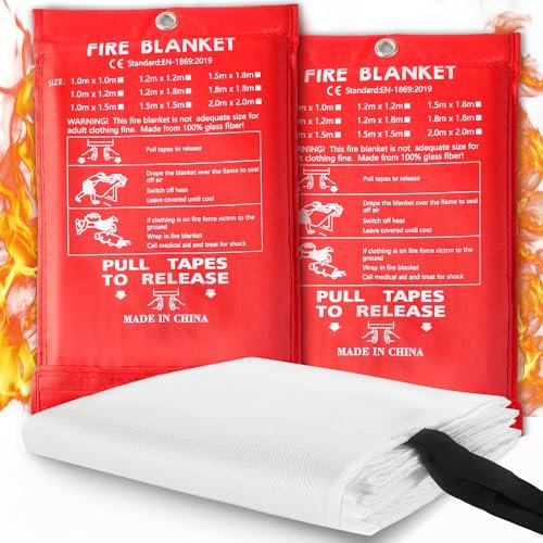 DUNSOO 2 Pack Fire Blanket, 1m x 1m Fire Blanket for Kitchen, Fiberglass Flame Retardant Emergency Fire Blanket for Kitchen, Home, School, Caravan Car, Outdoor and Office