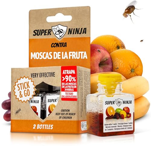 Super Ninja Trampas para Moscas de la Fruta - Pack de 2, Trampa para Moscas Interior, Hogar y Cocina, Cebo Líquido Altamente Efectivo, hasta 3 Semanas de Eficacia, Seguras para Niños y Mascotas.