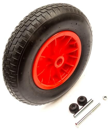 15 Inch Wheelbarrow 4.80/4.00-8 Wheel Pneumatic Tyre With Axle Set Red 2 Ply Schrader Straight Valve 13mm Axle 95mm Hub Barrow Cart Max Weight 180 kg