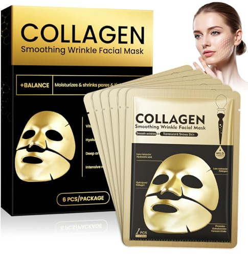 6 Pezzi Maschera Collagene Viso,Skincare Maschera Idratante,Idratante e Illuminante Mask,Maschere Bellezza,Aumentare lucentezza e Umidità,Per La maggior parte dei tipi di pelle