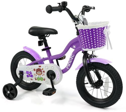 BABY JOY Kids Bike, Magic Children 12 14 16 18 Inch Bicycle with Training Wheels, Storage Basket, Hand & Coaster Brakes, Adjustable Seat & Handlebar, Boys Girls Bike (12, Purple)