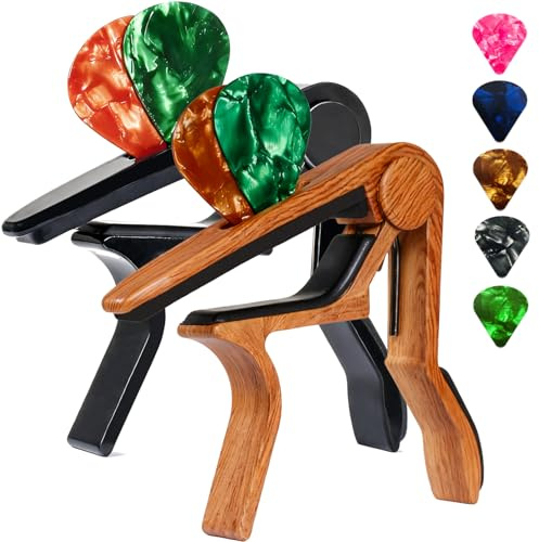 Cejilla para guitarra acústica y eléctrica, cejilla de 6 cuerdas para guitarra acústica y eléctrica (con soporte para púa y 5 púas), ukelelele, mandolina, banjo, accesorios de guitarra (madera + negro