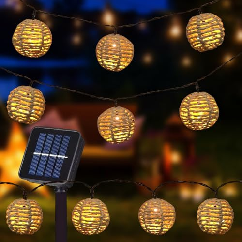 RNPKZ Lot de 10 guirlandes lumineuses solaires LED d'extérieur - Lampions solaires LED en rotin - Guirlande lumineuse d'extérieur solaire - Résistant aux intempéries IP67 - Corde en papier - Guirlande
