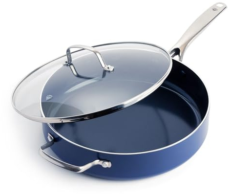 Blue Diamond 5QT Saute Pan with Lid, Non Toxic PFAS-Free Diamond Ceramic Nonstick, Dishwasher & Oven Safe, Metal Utensil Safe, Deep Jumbo Cooker Skillet with Helper Handle, Glass Lid, Blue