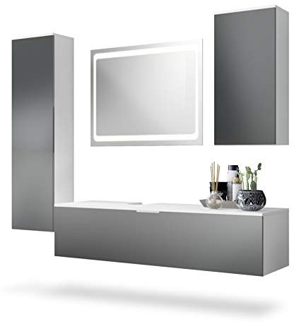 Vladon Badmöbel Komplettset Beach, Made in Germany, Korpus in Weiß matt/Fronten in Graphit seidenmatt, mit LED Spiegel