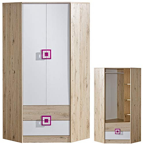 Furniture24 Eckkleiderschrank NICO 02, Eckschrank, Drehtürenschrank, Schrank mit 2 Schubfächern, 3 Einlegeboden und Kleiderstange (Hell Eiche/Weiß/Rosa)